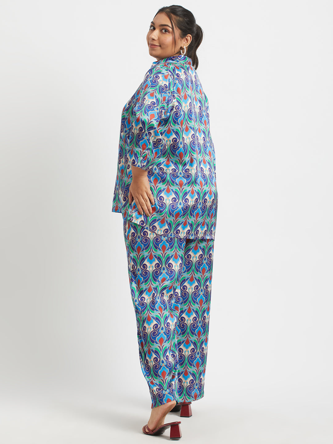 Blue Printed Plus Size Satin Co-ord Set