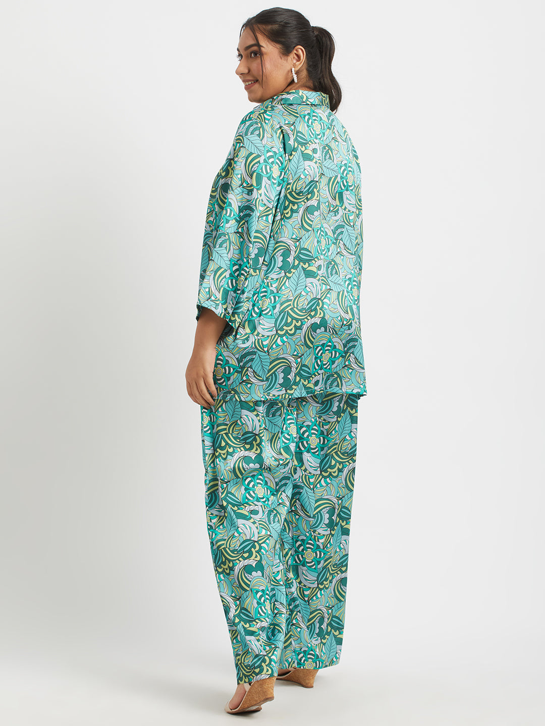 Green Abstract Print Plus Size Satin Co-ord Set