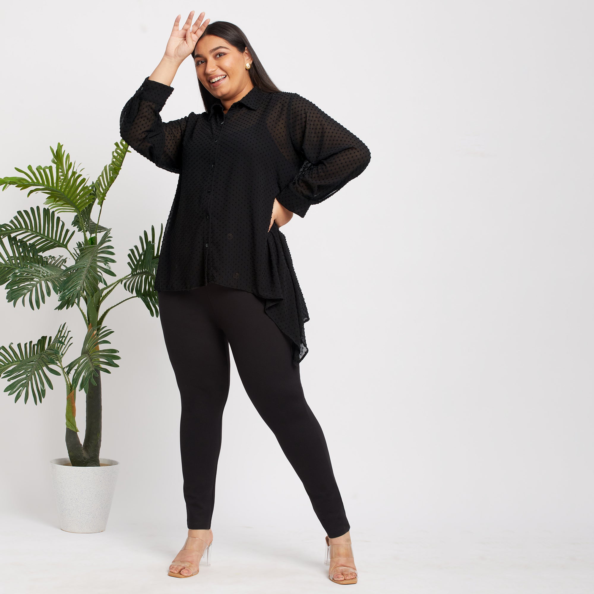 Black Dobby Asymmetric Plus Size Shirt