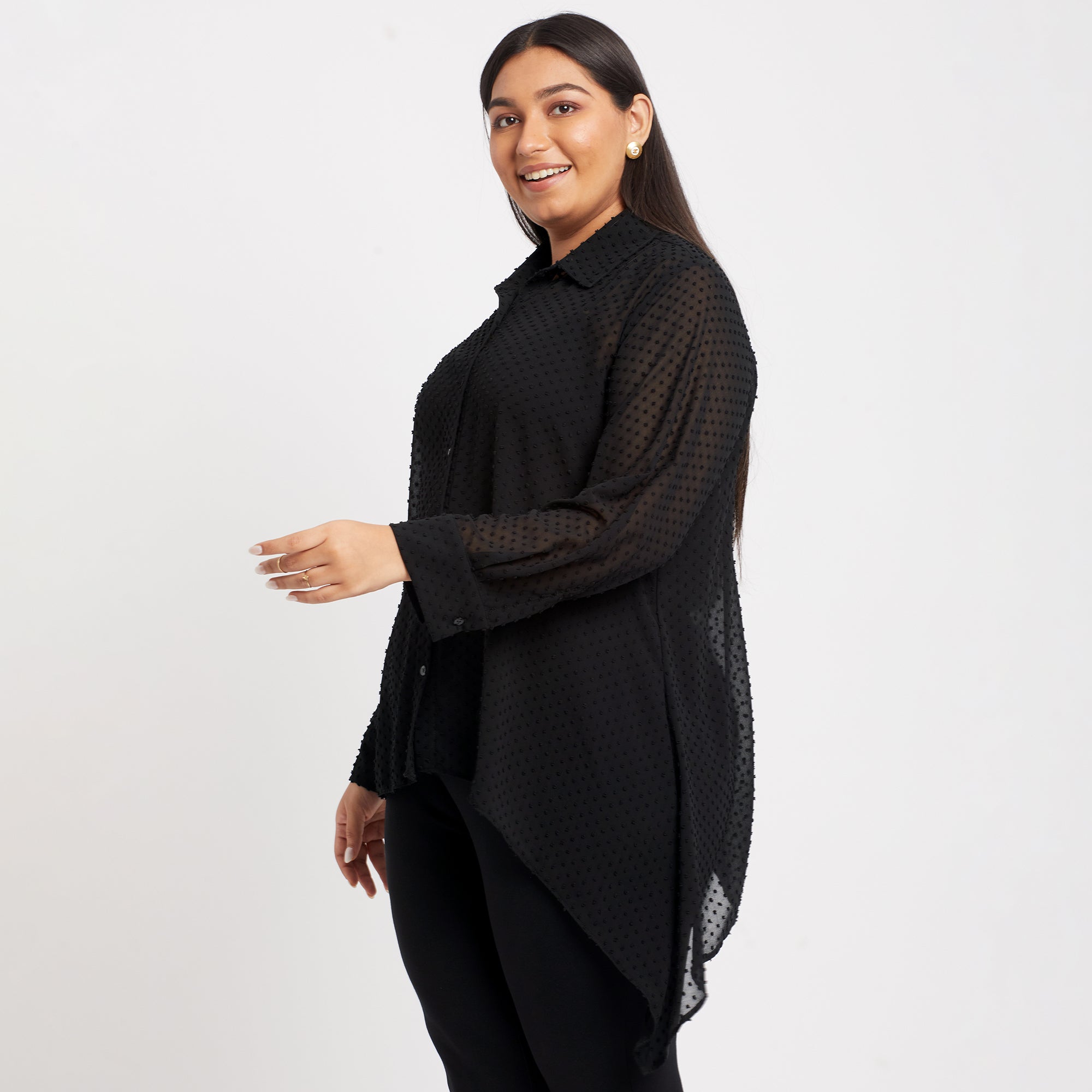 Black Dobby Asymmetric Plus Size Shirt