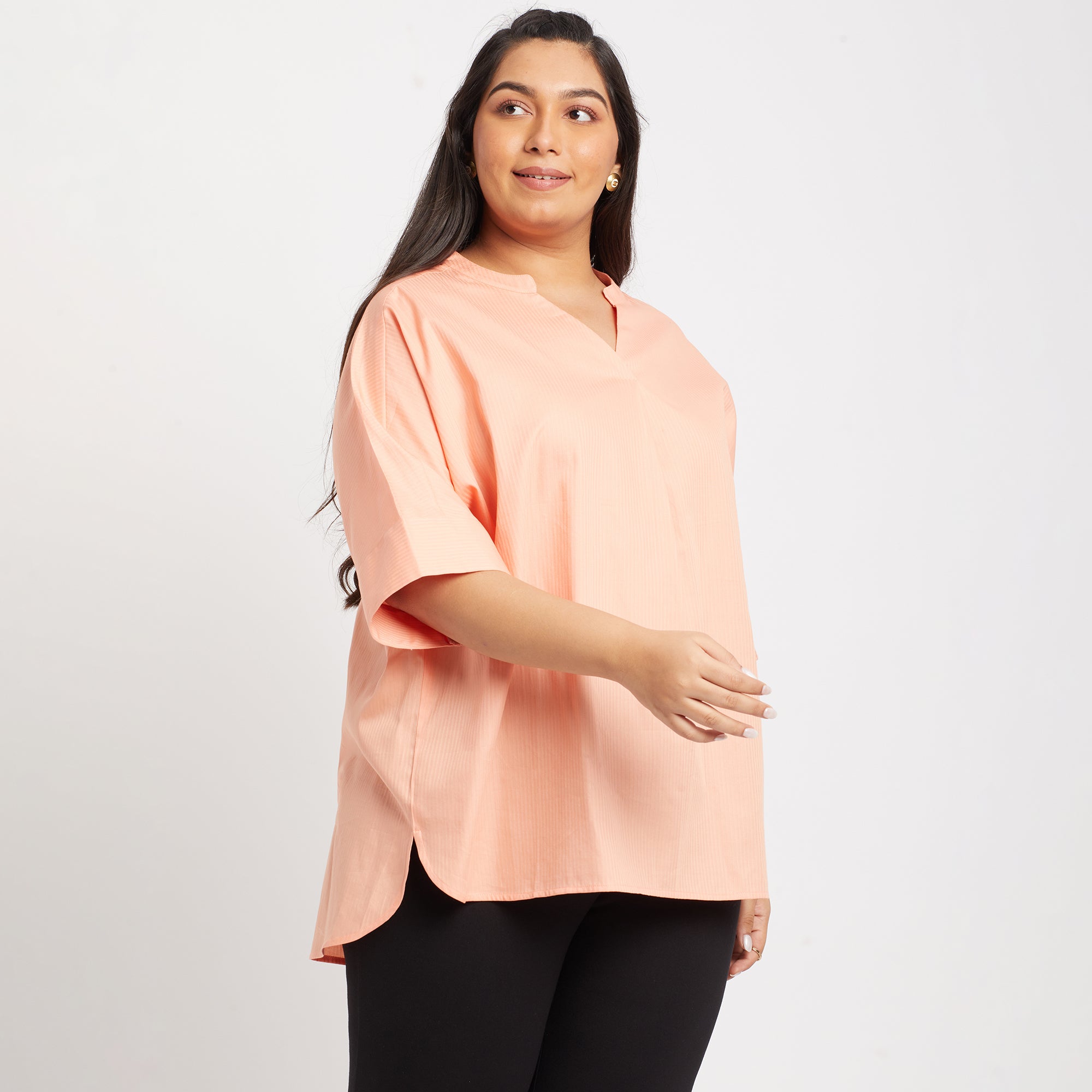 Orange Stripes Cotton Plus Size Tunic Top