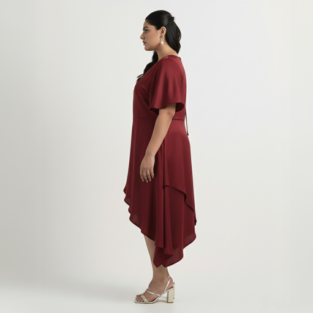 Maroon V- Neck Satin Plus Size Dress
