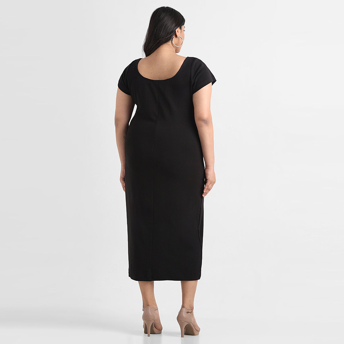 Black cotton rib plus size cap sleeves bodycon midi dress