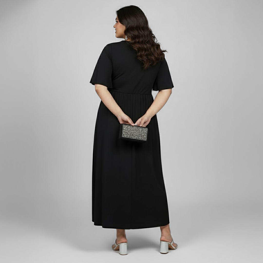 Black Glitter Knit Overlap Midi Dress