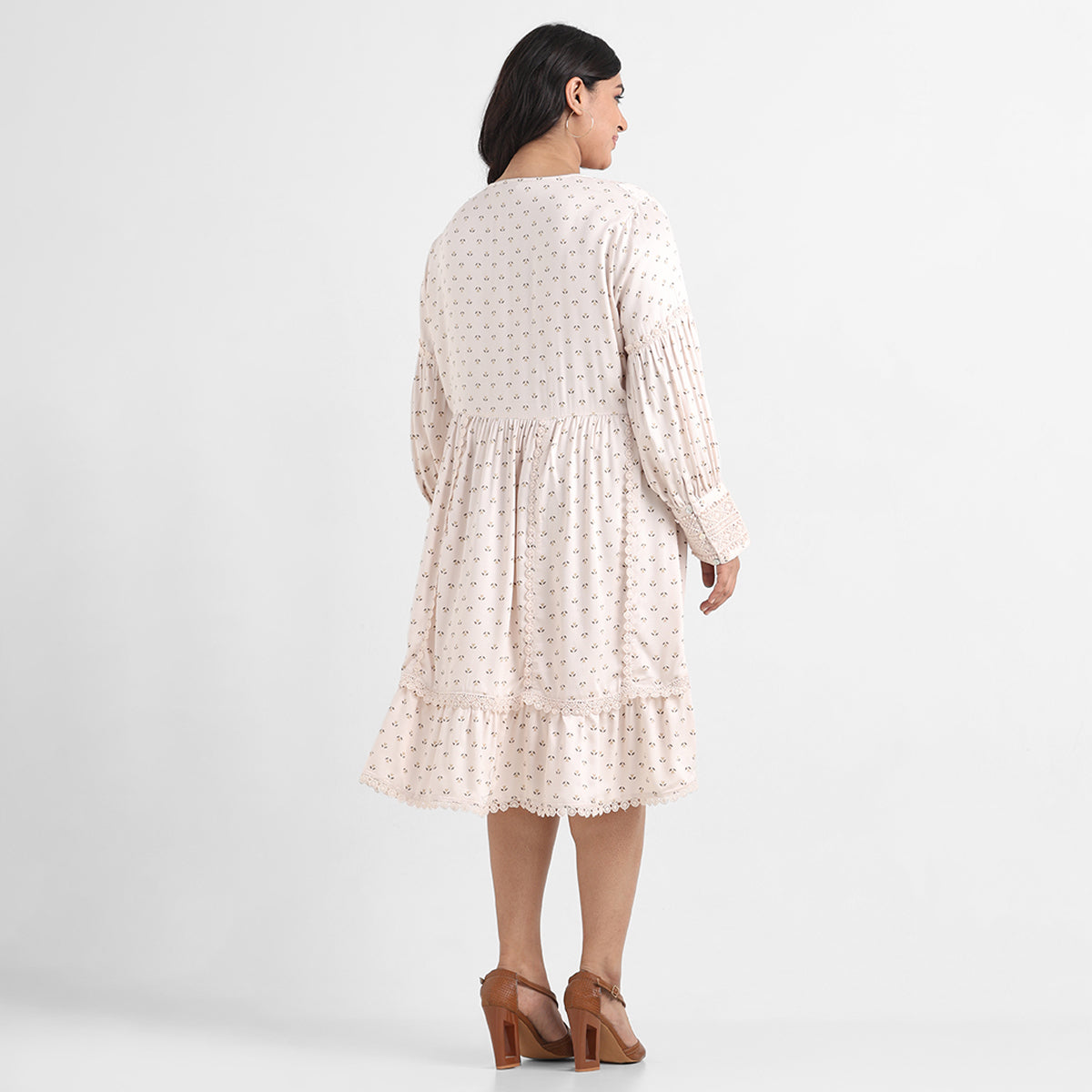 Beige printed lace inserts plus size rayon short dress