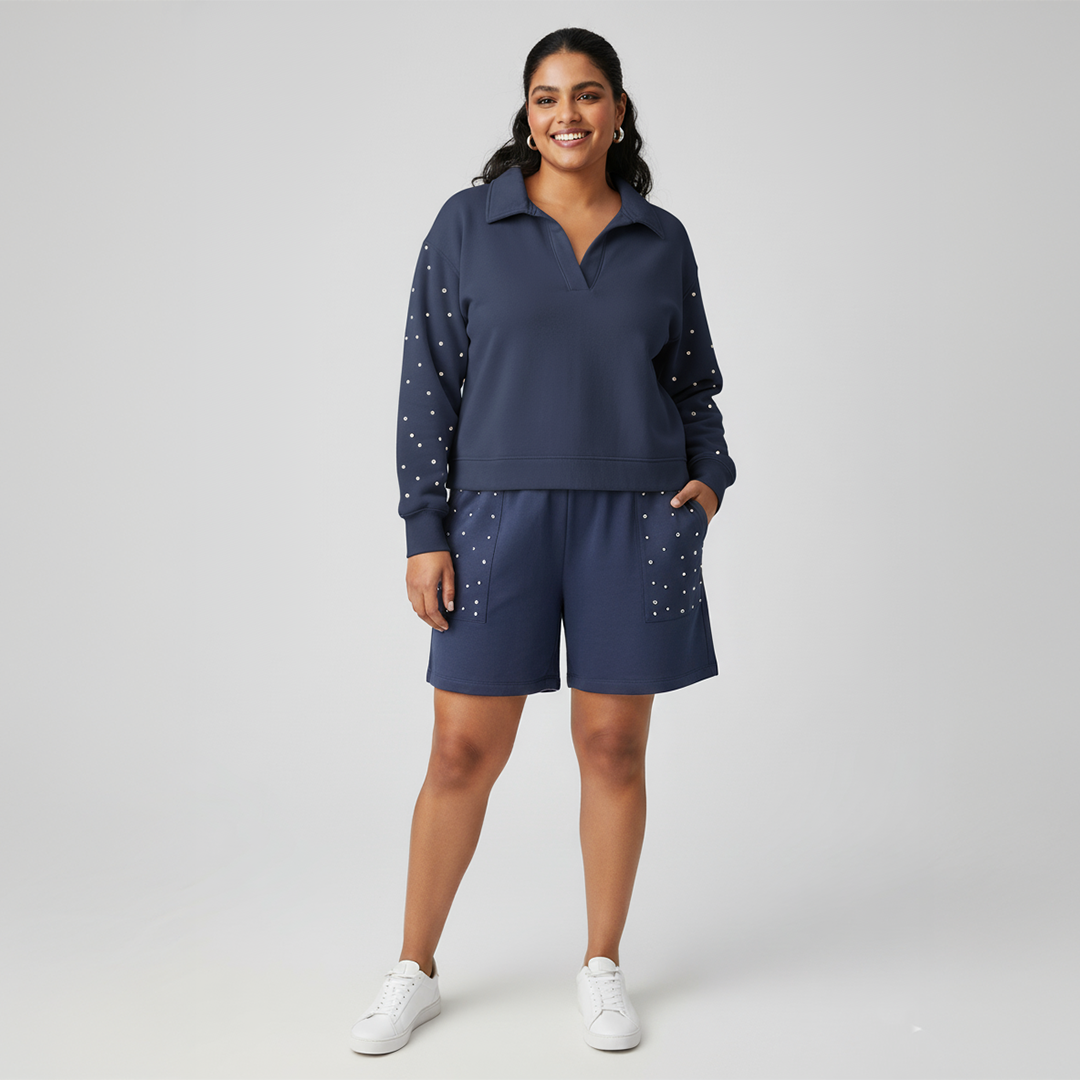 Navy Blue Cotton Terry Hand Embroidered Short Set