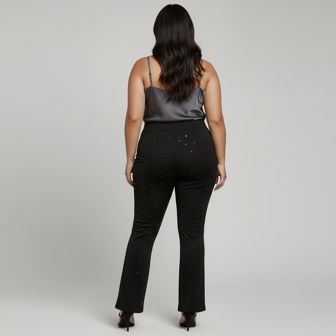 Black Rhinestone Embellished 4-Way Stretch Fit and Flare Pants