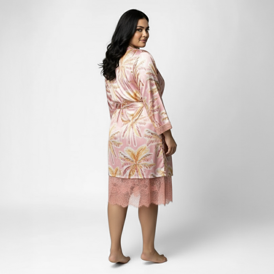 Pink Printed Satin Cowl Slip Dress and Robe Set