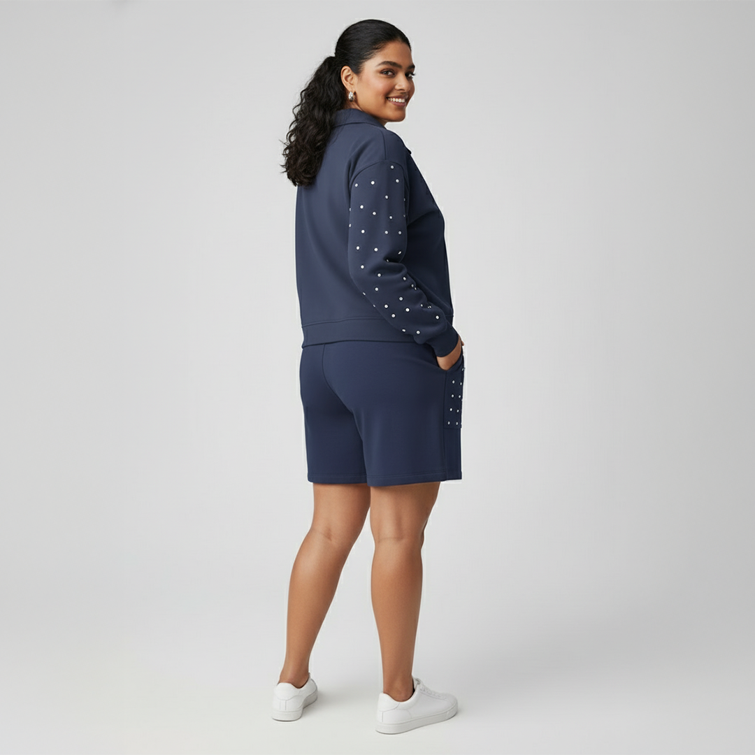 Navy Blue Cotton Terry Hand Embroidered Short Set