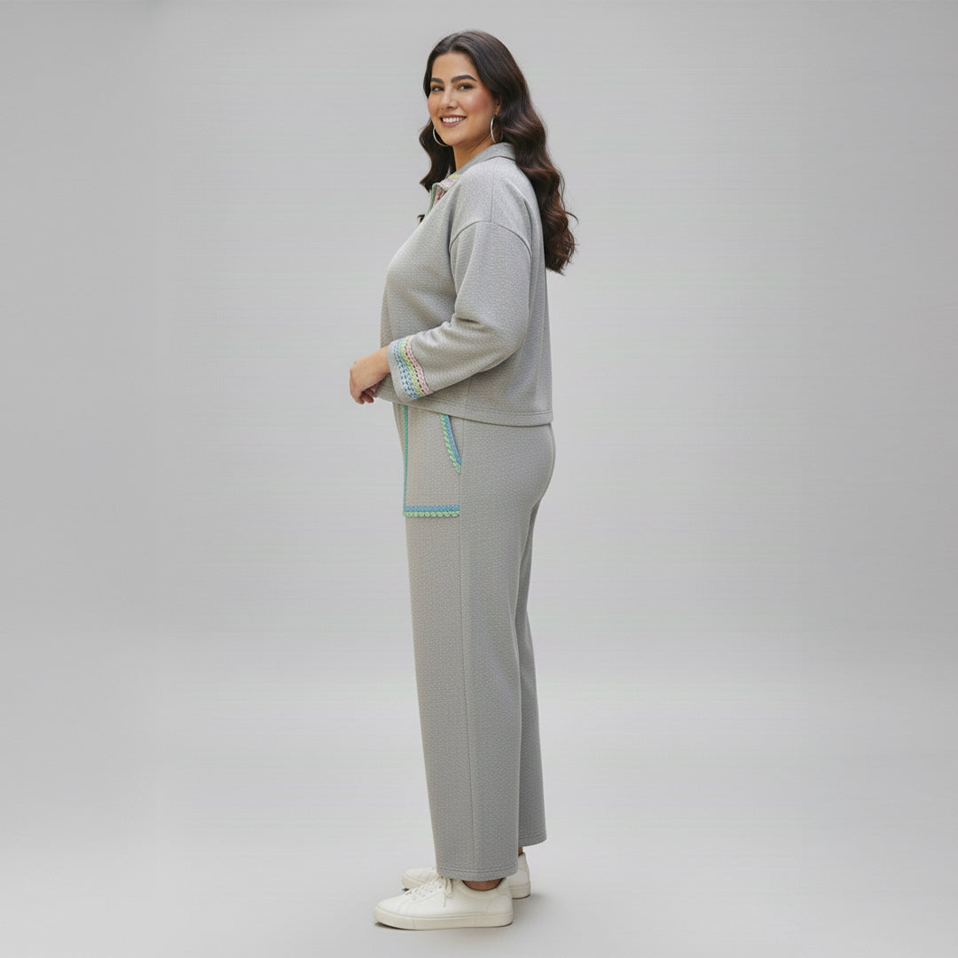 Grey Cotton Terry Co-ord Set with Lace Insert