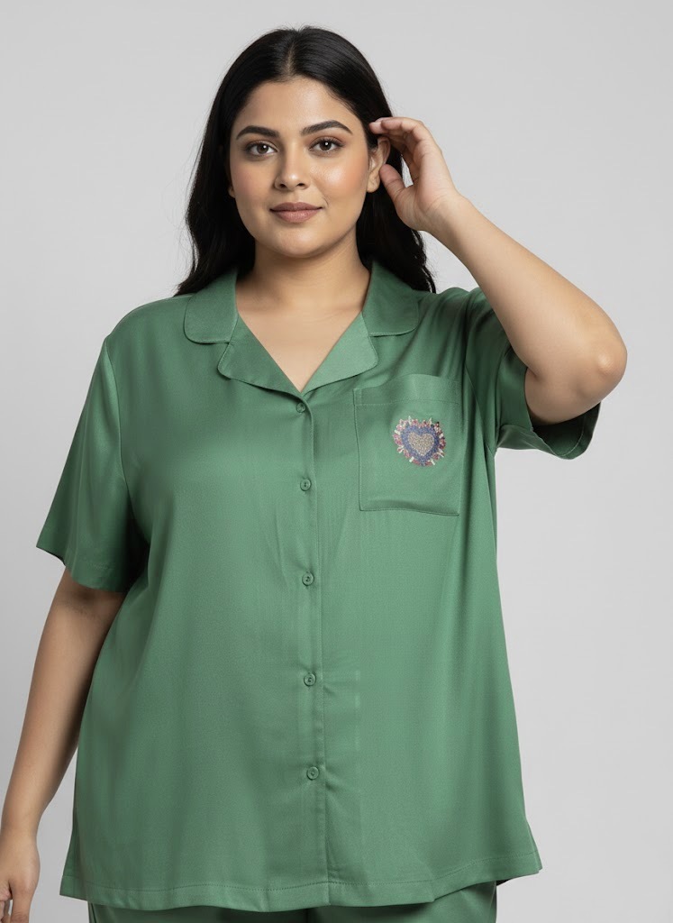 Green Solid Short Sleeve Rayon Nightwear Set