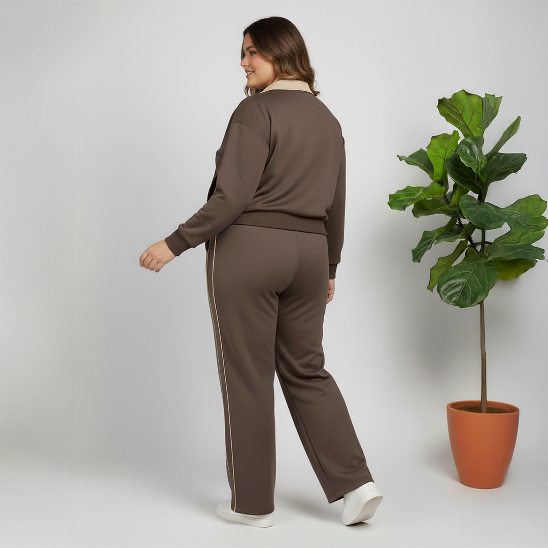 Light Brown Scuba Wide-Leg Pants with Contrast Piping