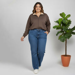 Light Brown Scuba Zipper Top with Contrast Collar