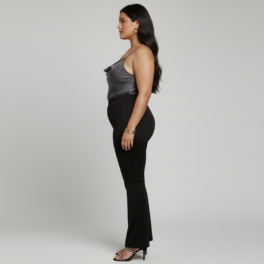 Black Rhinestone Embellished 4-Way Stretch Fit and Flare Pants