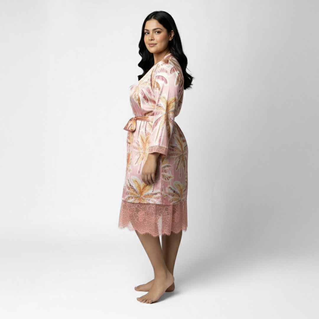 Pink Printed Satin Cowl Slip Dress and Robe Set