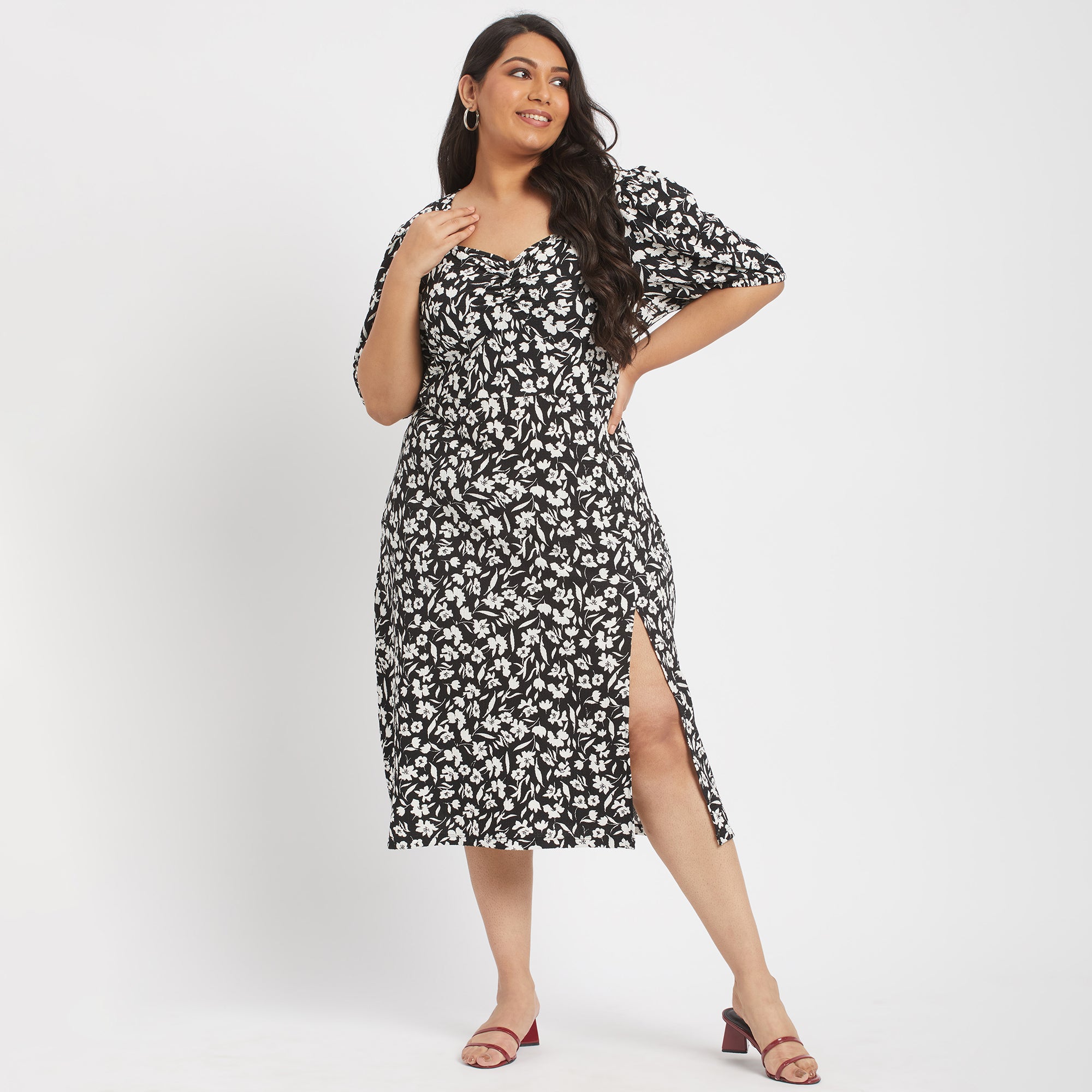 Plus-Size Monochrome Printed Sweetheart Neck Textured Knit Midi Dress by CALAE Sizes Available L to 5XL
