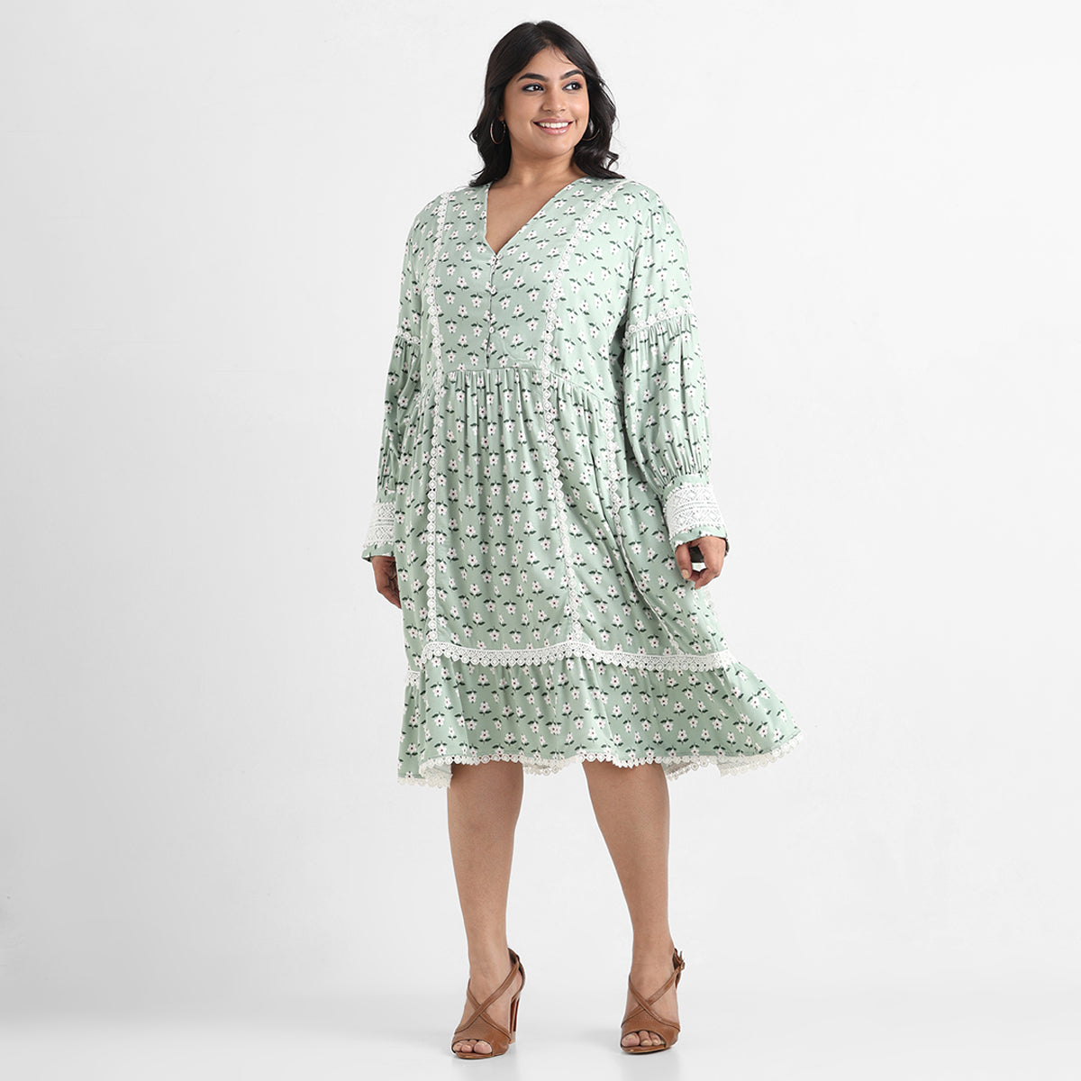 Green printed lace inserts plus size rayon short dress