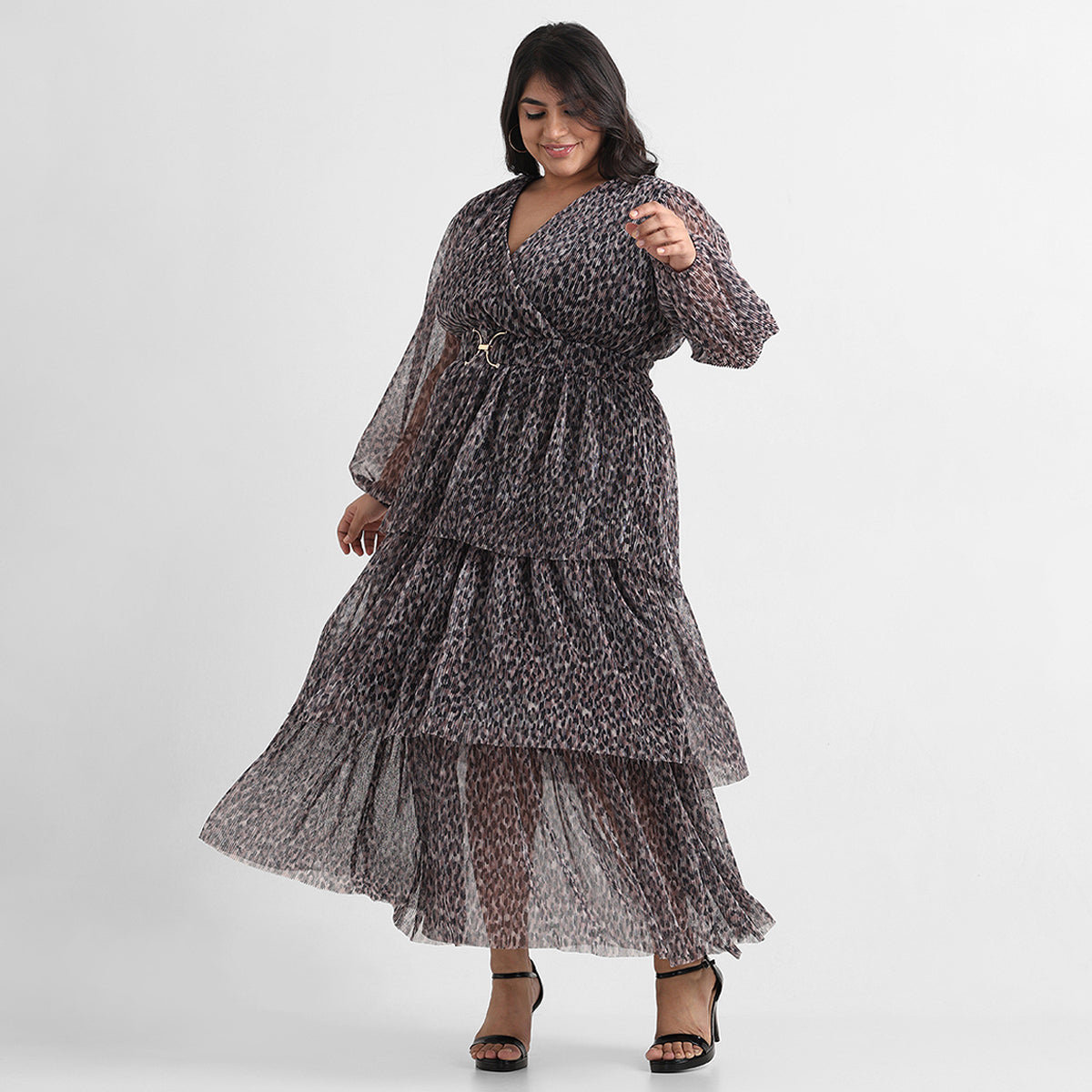 Animal print pleated mesh plus size party dress by Calae Sizes