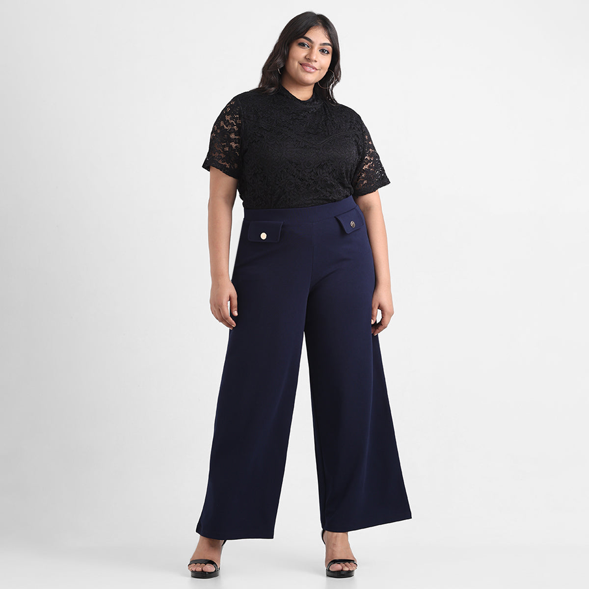 Plus size navy wide leg trousers outlet