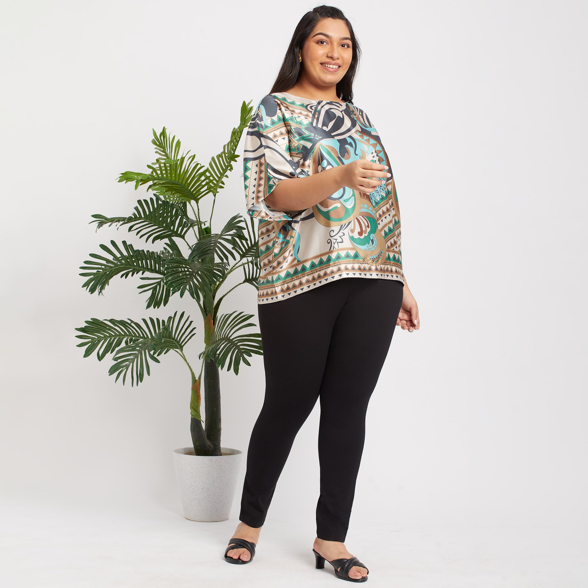 Abstract Print Boat Neck Satin Plus Size Top Front Angled View