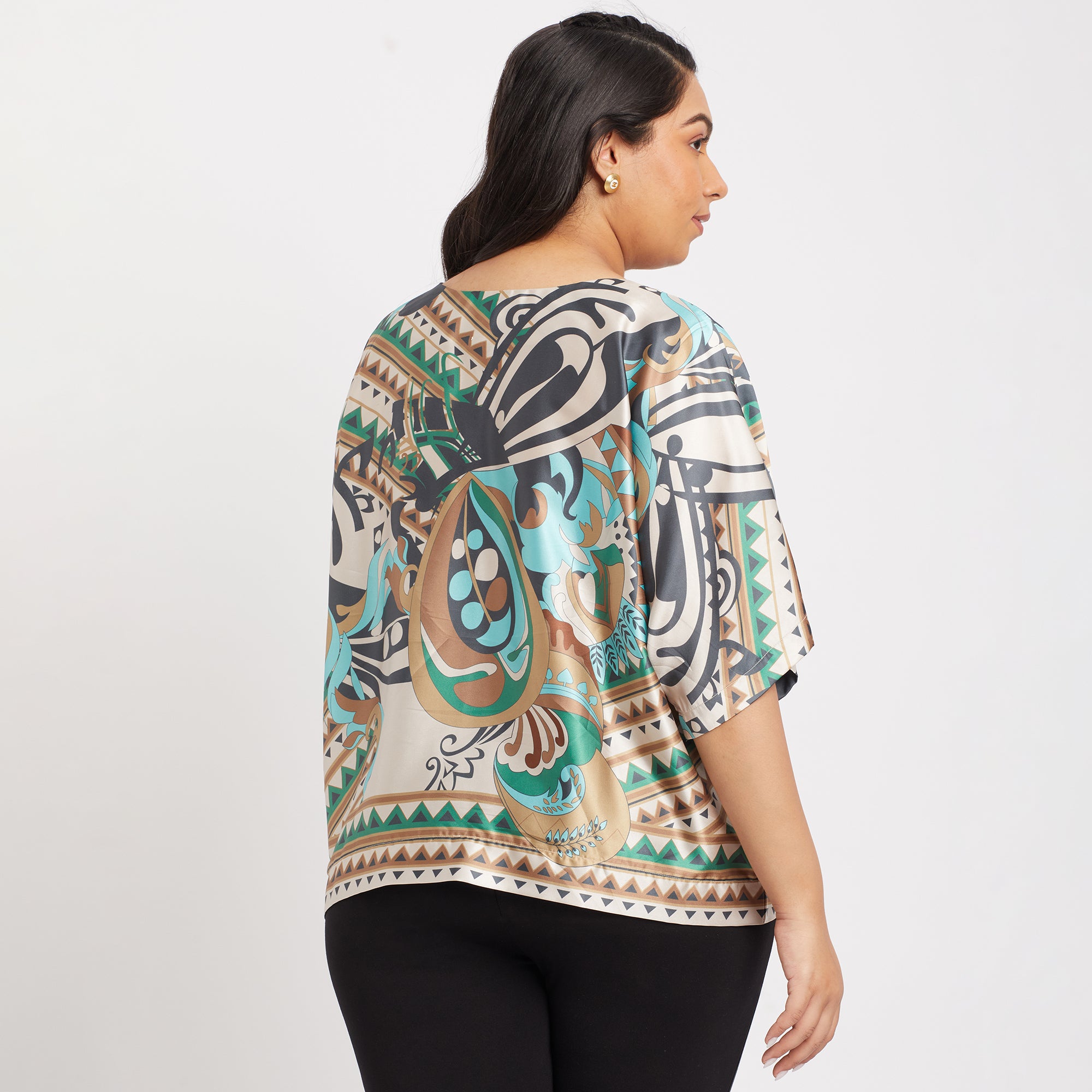 Abstract Print Boat Neck Satin Plus Size Top Back View
