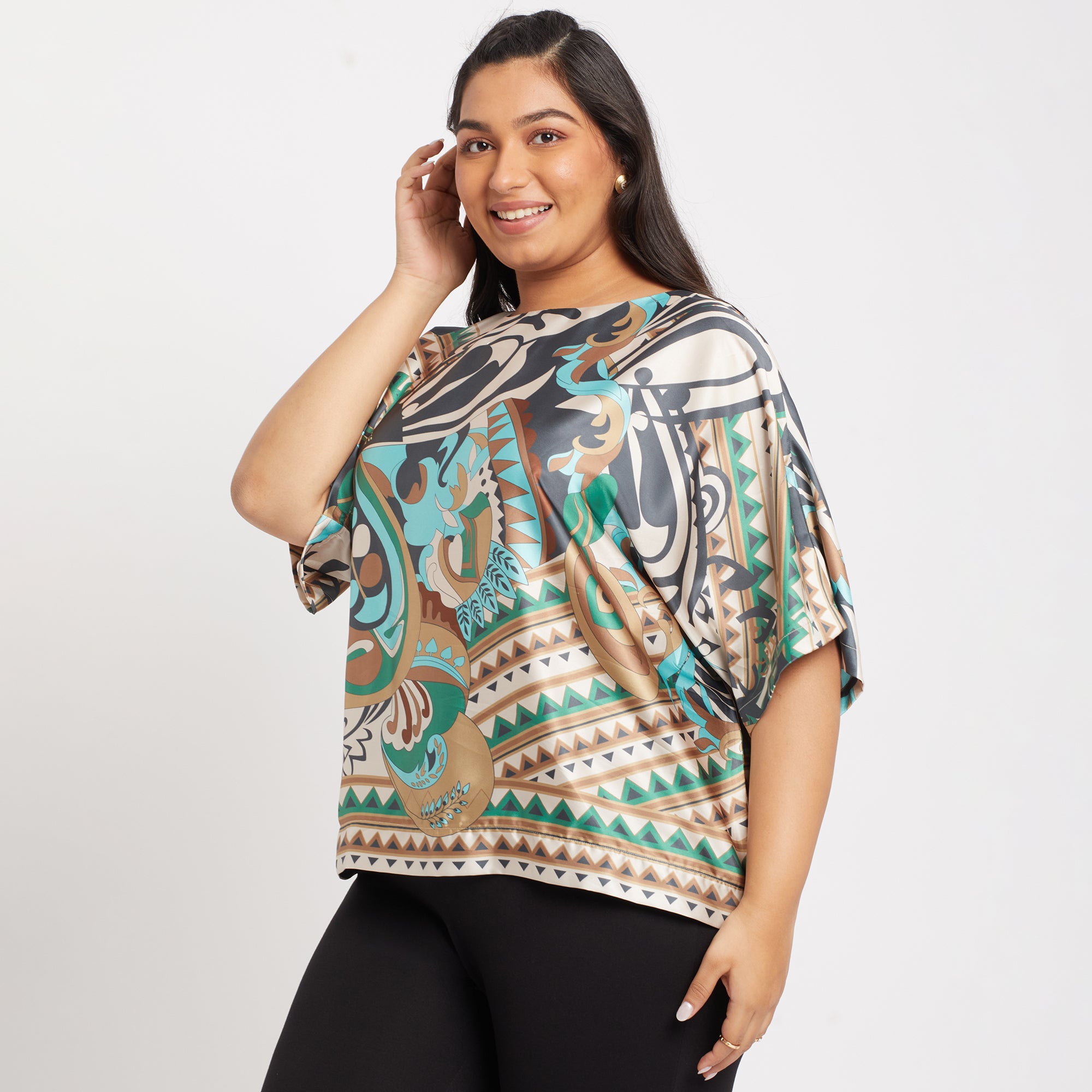 Abstract Print Boat Neck Satin Plus Size Top Front Angled View