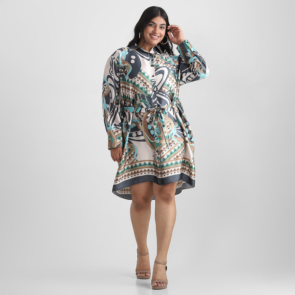 Size Printed Satin Dress Abstract Satin Plus Size Shirt Dress By