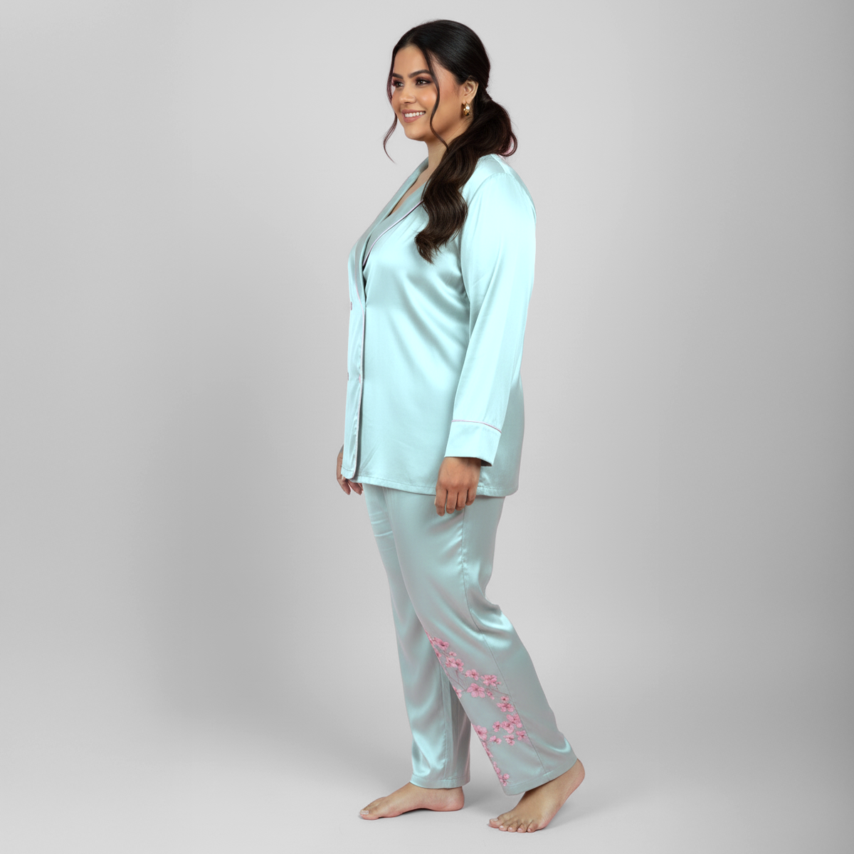 Plus Size Light Green Overlap PJ Set with Cherry Blossom Print by CALAE | Sizes Available L to 7XL