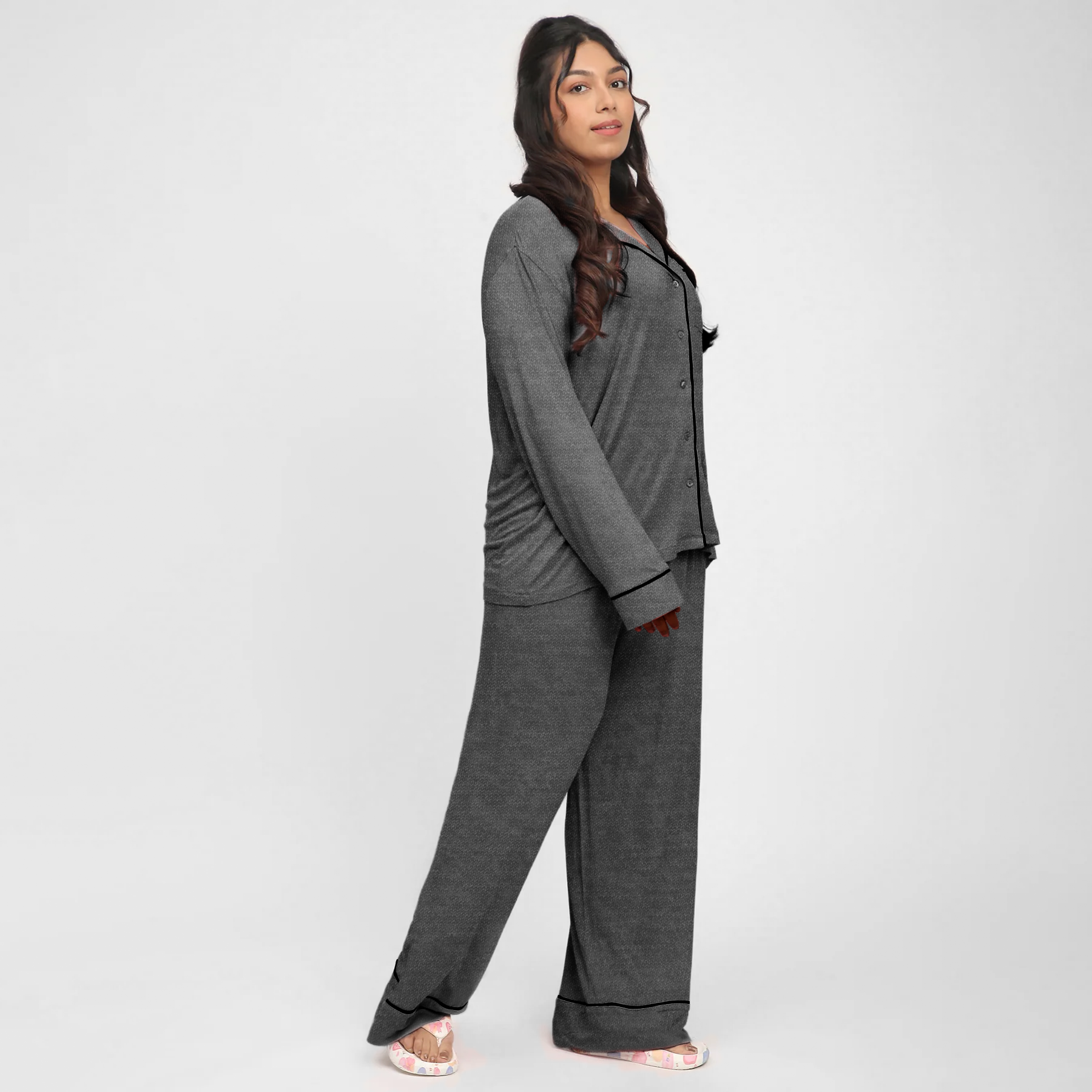 Grey Melange Plus-Size Viscose Knit PJ Set with Contrast Piping
