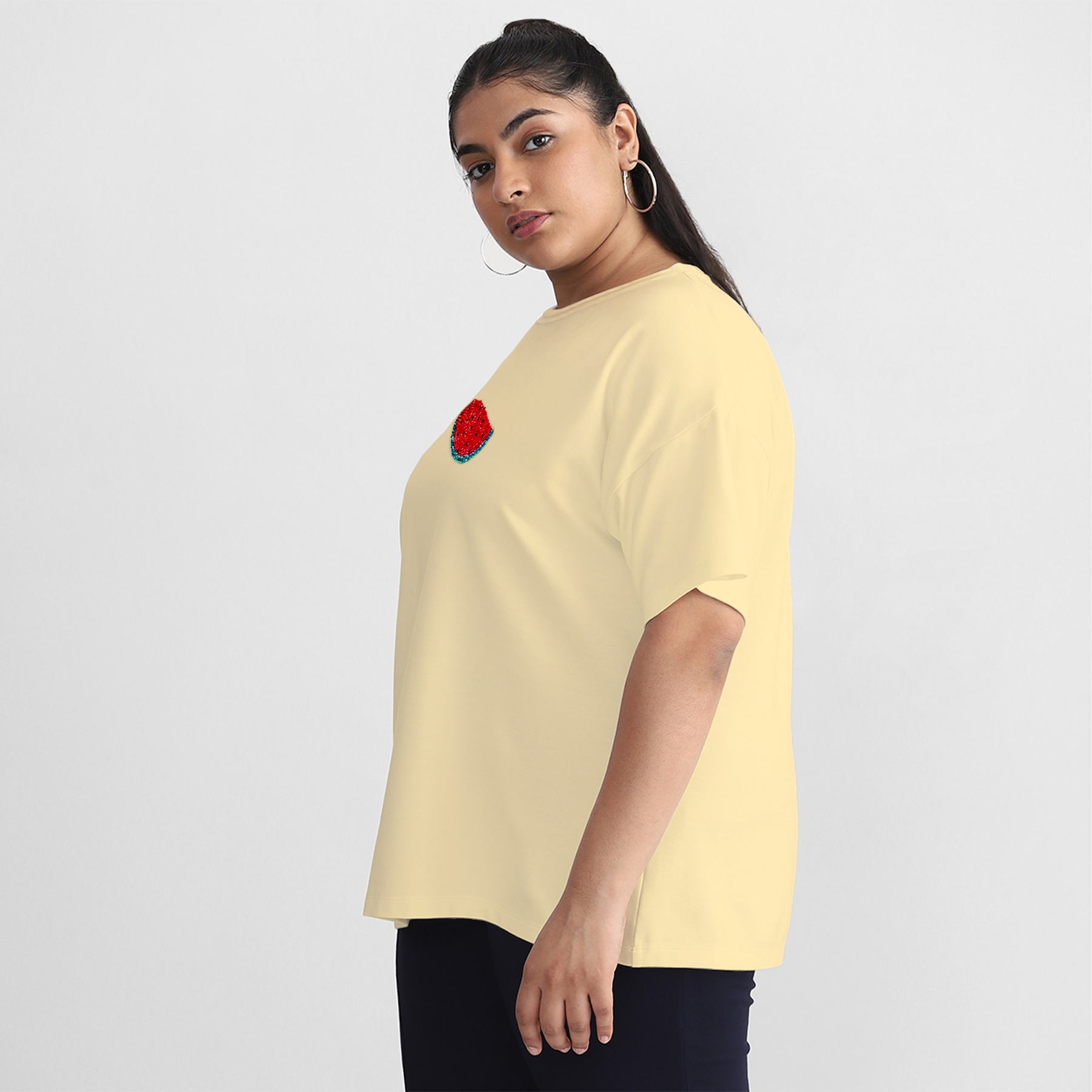 Plus Size Yellow Watermelon Embroidered Cotton Tee