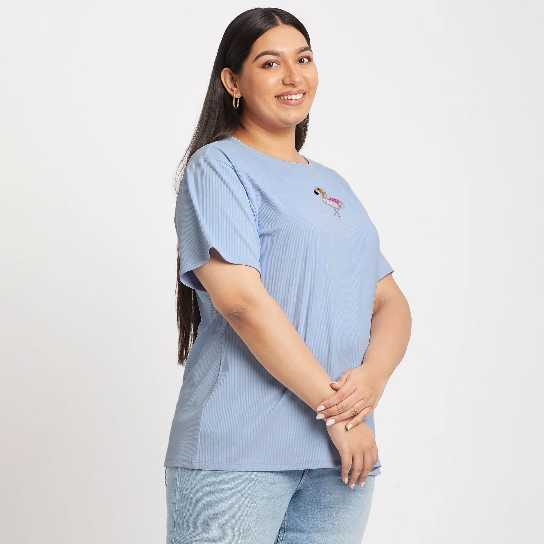 Plus Size Blue Flamingo Embroidered Rib Tee