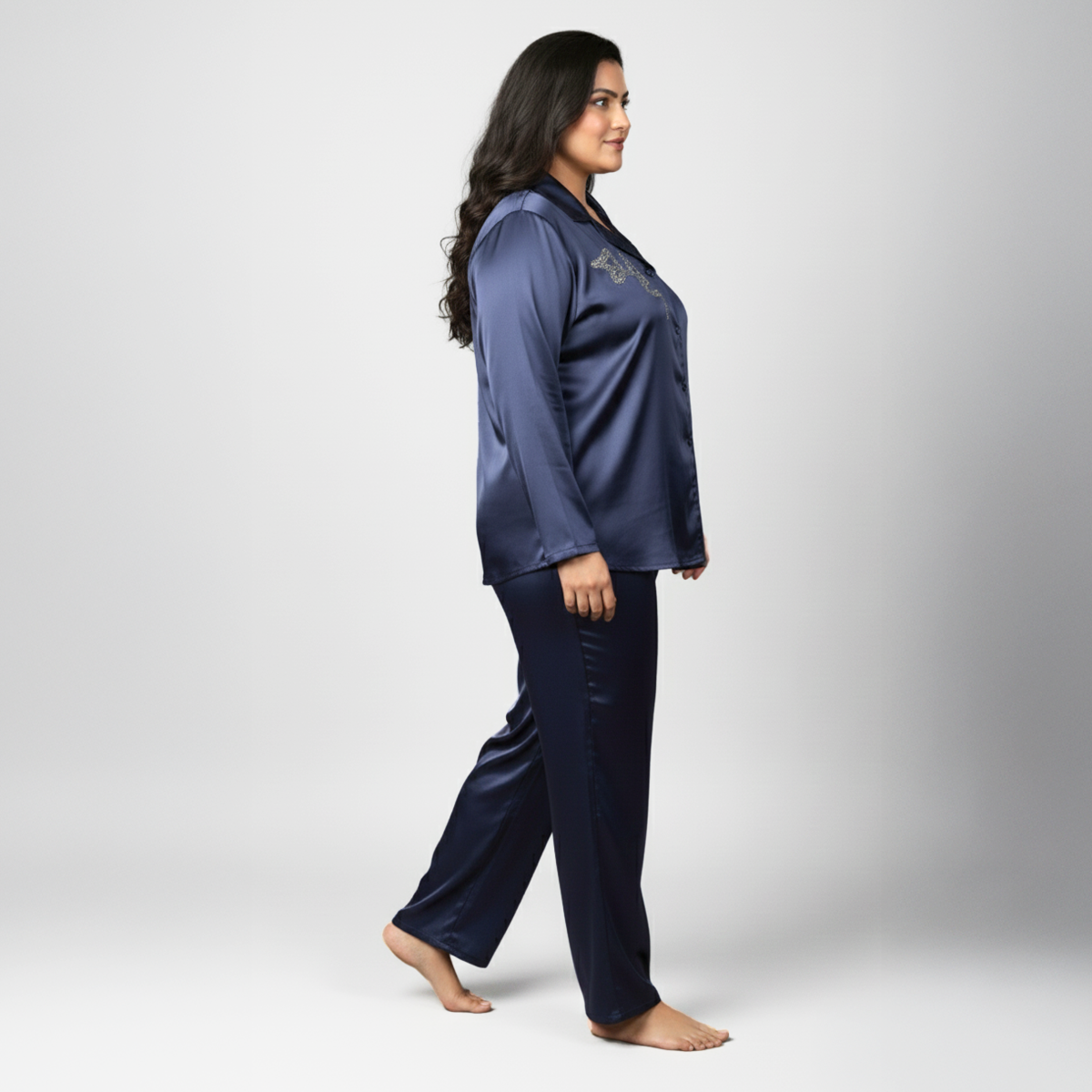 Plus Size Navy Blue Velvet Satin Beadwork PJ Set by CALAE | Sizes Available L to 7XL