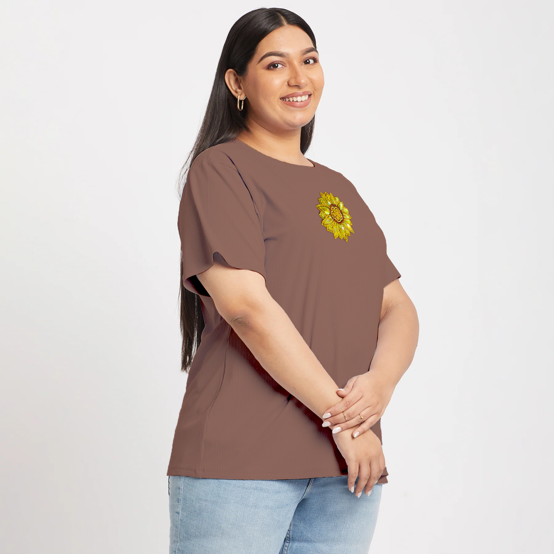 Plus Size Brown Sunflower Embroidered Rib Tee
