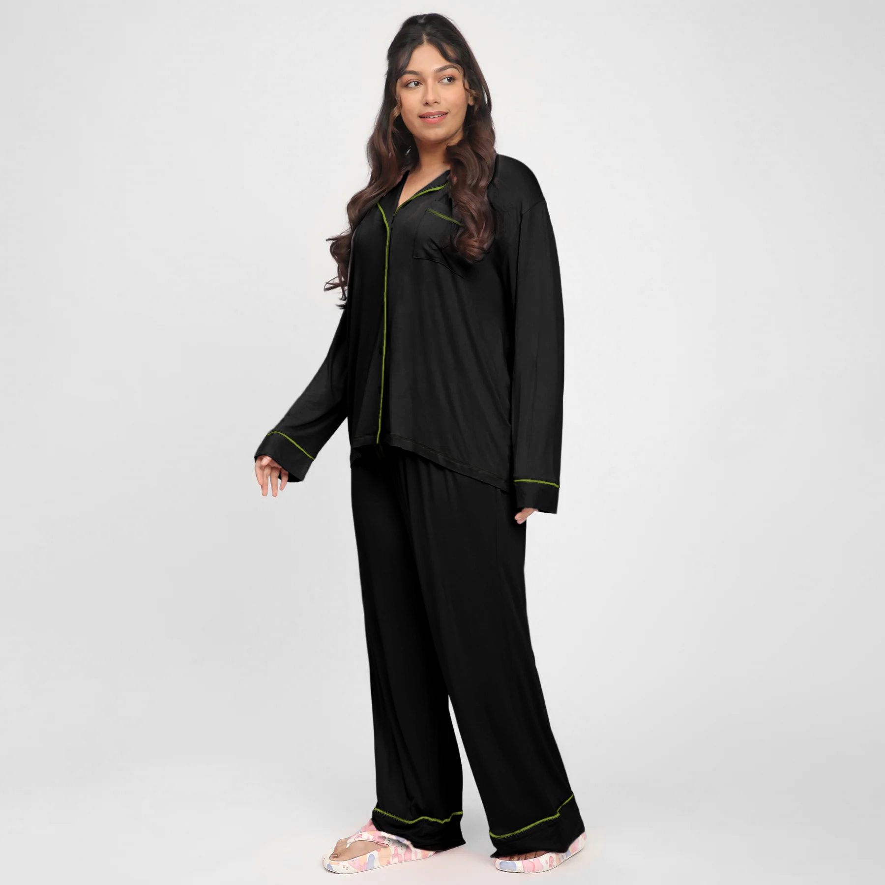 Black Plus-Size Viscose Knit PJ Set with Contrast Piping