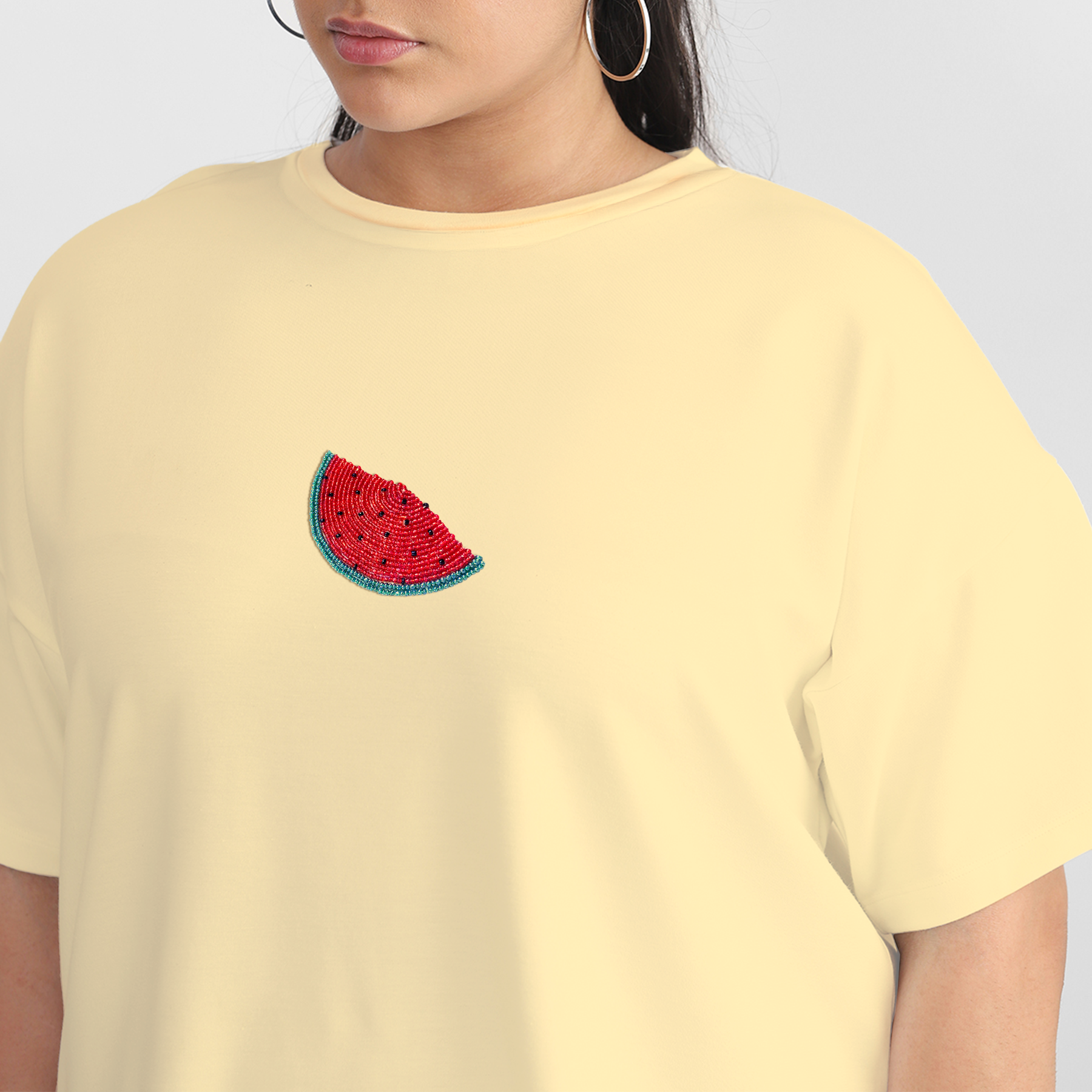 Plus Size Yellow Watermelon Embroidered Cotton Tee