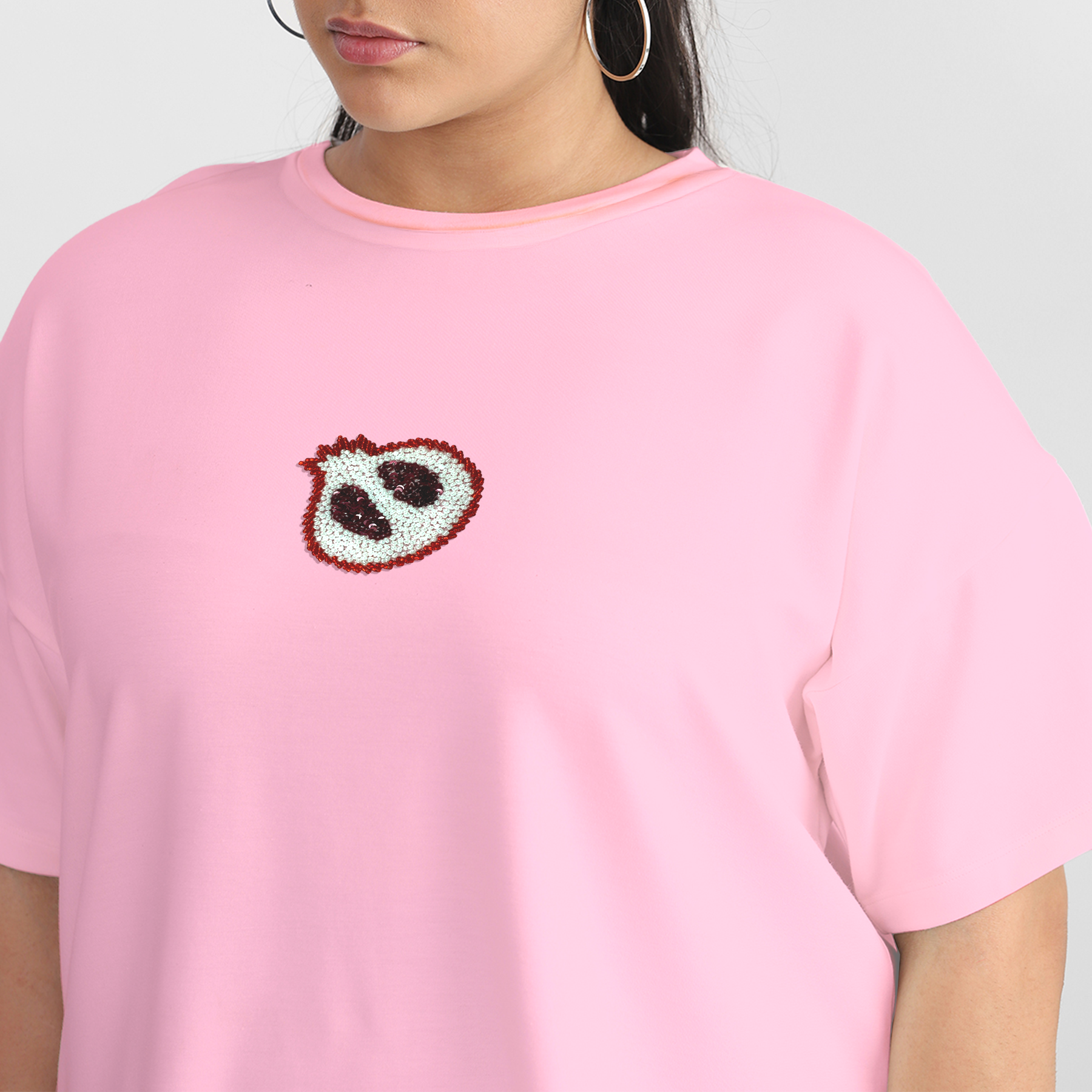 Plus Size Pink Pomegranate Embroidered Cotton Tee