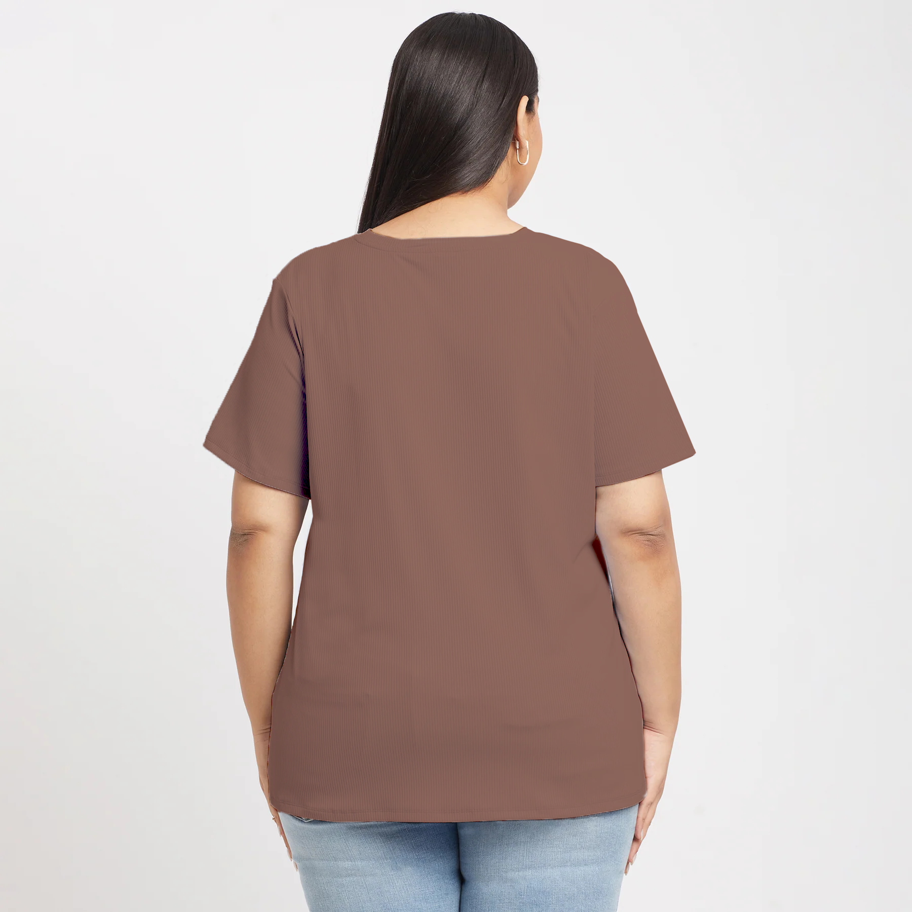 Plus Size Brown Sunflower Embroidered Rib Tee