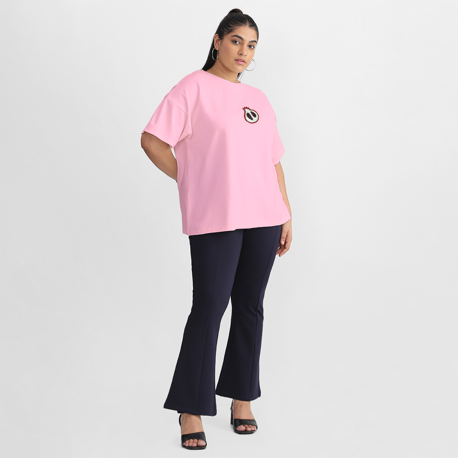 Plus Size Pink Pomegranate Embroidered Cotton Tee