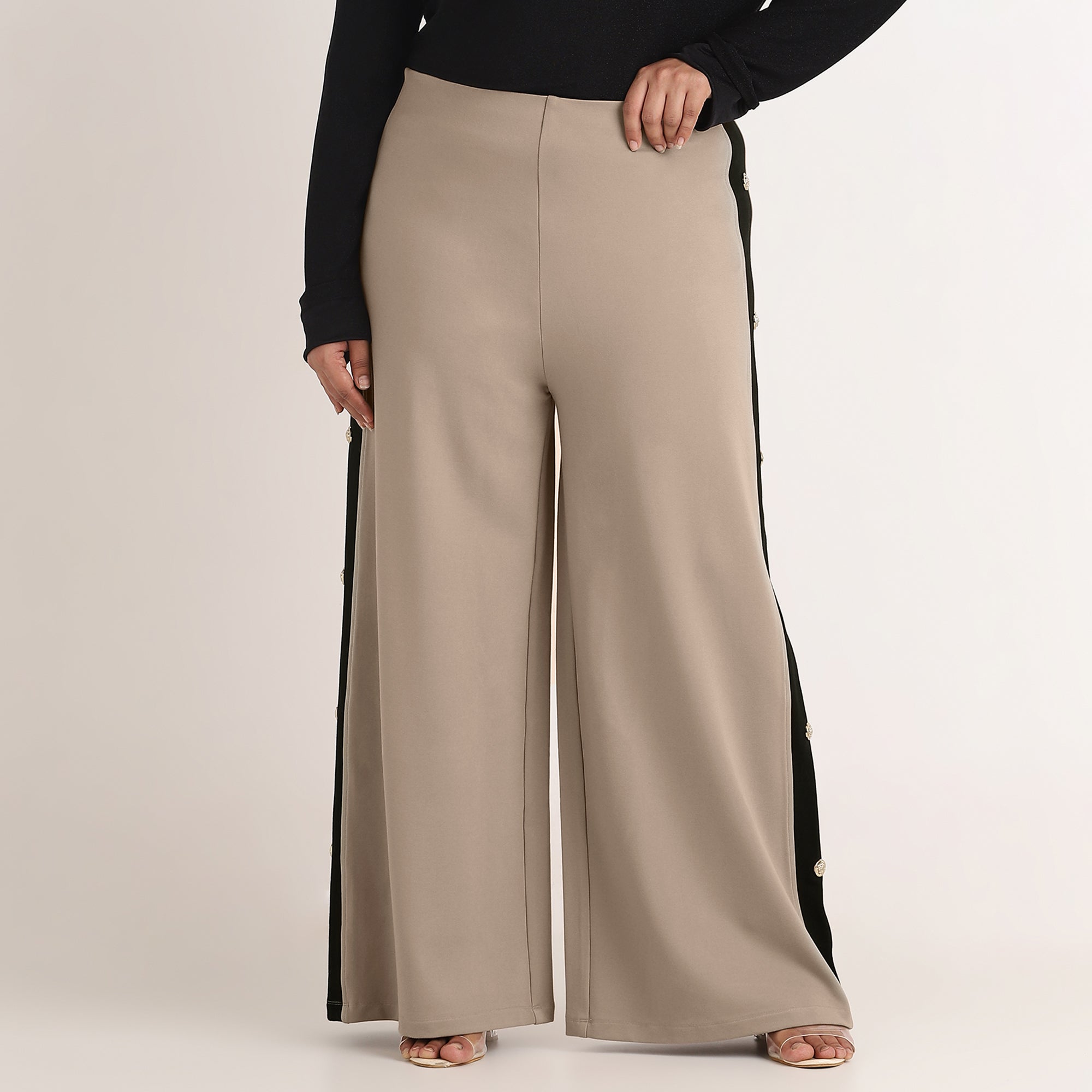 Beige 4-Way Stretch Wide Leg Pants with Contrast Detail & Buttons