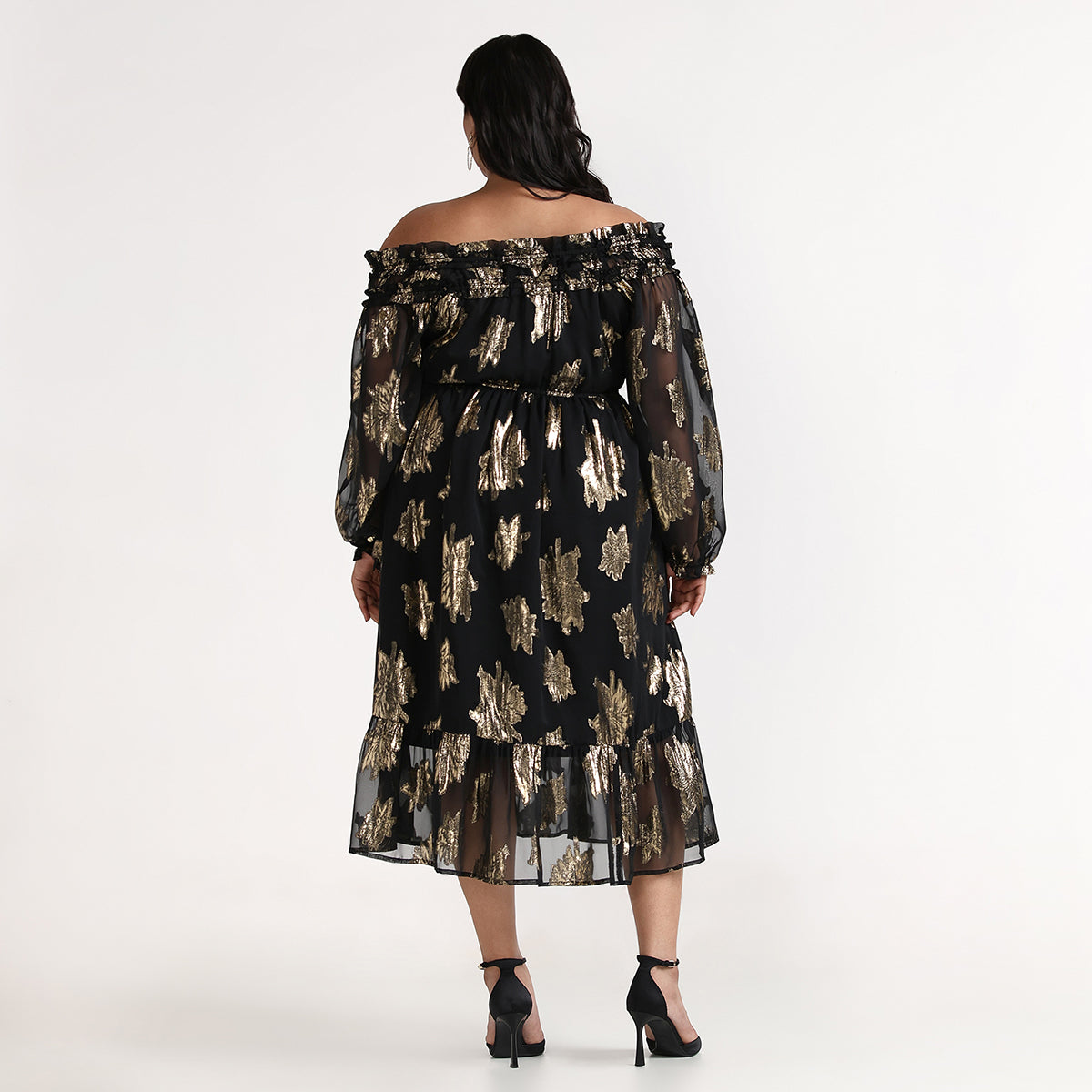Plus Size Black and Gold Lurex Jacquard Off-Shoulder Midi Dress by CALAE | Sizes Available L to 7XL