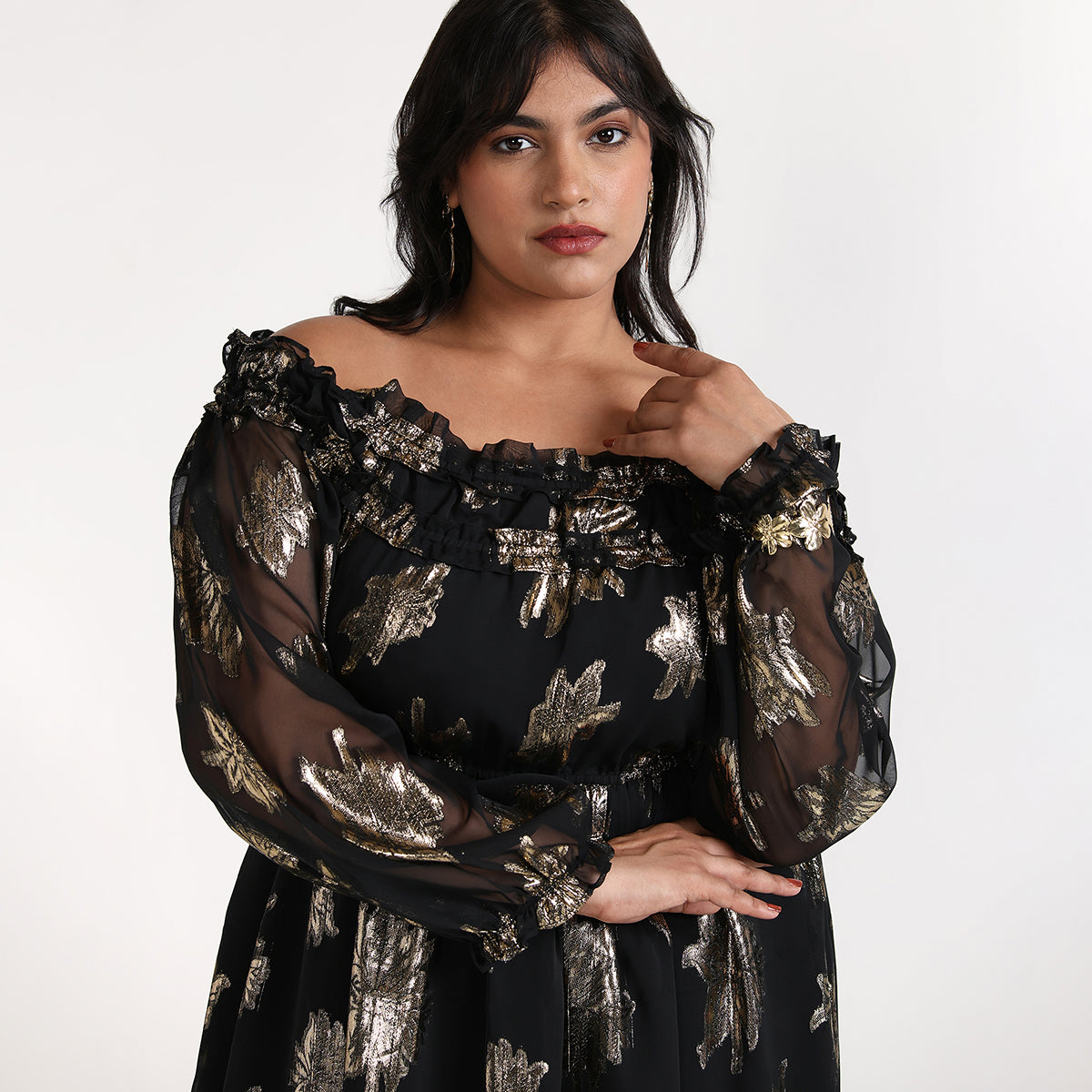 Plus Size Black and Gold Lurex Jacquard Off-Shoulder Midi Dress by CALAE | Sizes Available L to 7XL