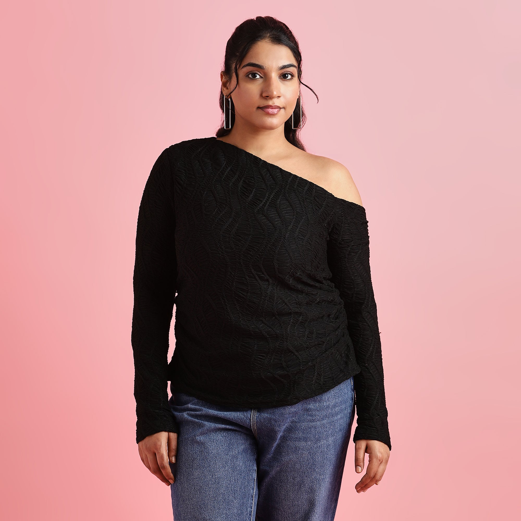 Black Textured Plus Size One-Sided Off-Shoulder Top