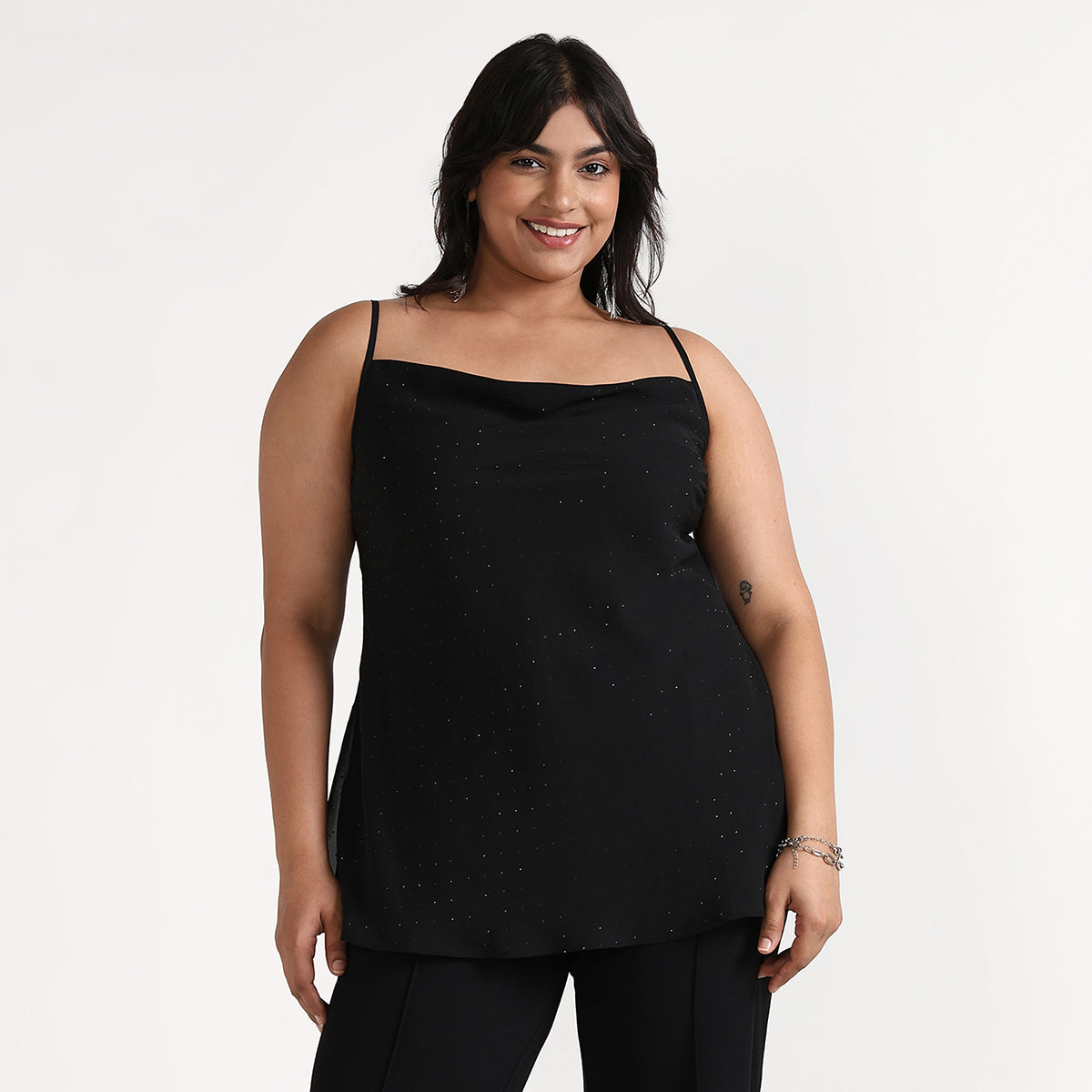 Plus Size Black Rhinestone Embellished Cowl Neck Georgette Top by CALAE | Sizes Available L to 5XL