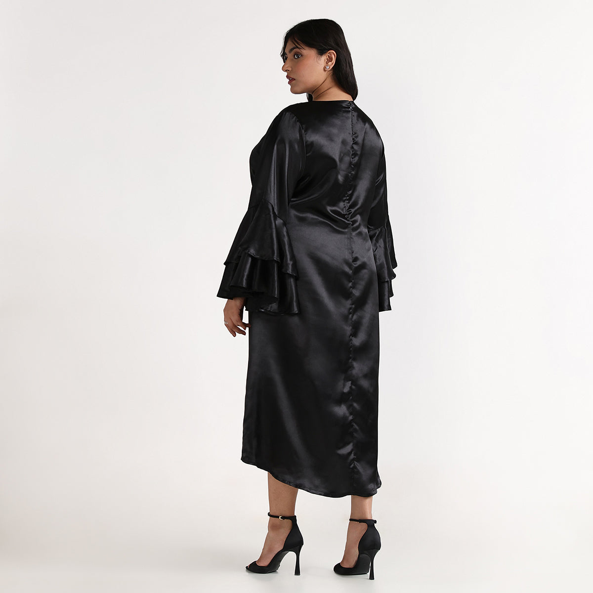 Plus Size – Black – Satin Keyhole Midi Dress with Hand Embroidery at Neck – by CALAE | Sizes Available L to 7XL