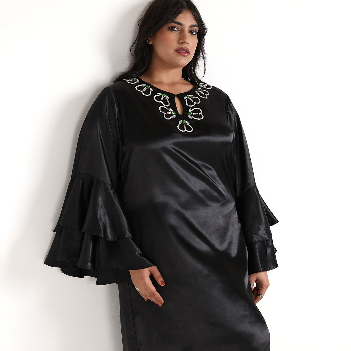Plus Size – Black – Satin Keyhole Midi Dress with Hand Embroidery at Neck – by CALAE | Sizes Available L to 7XL