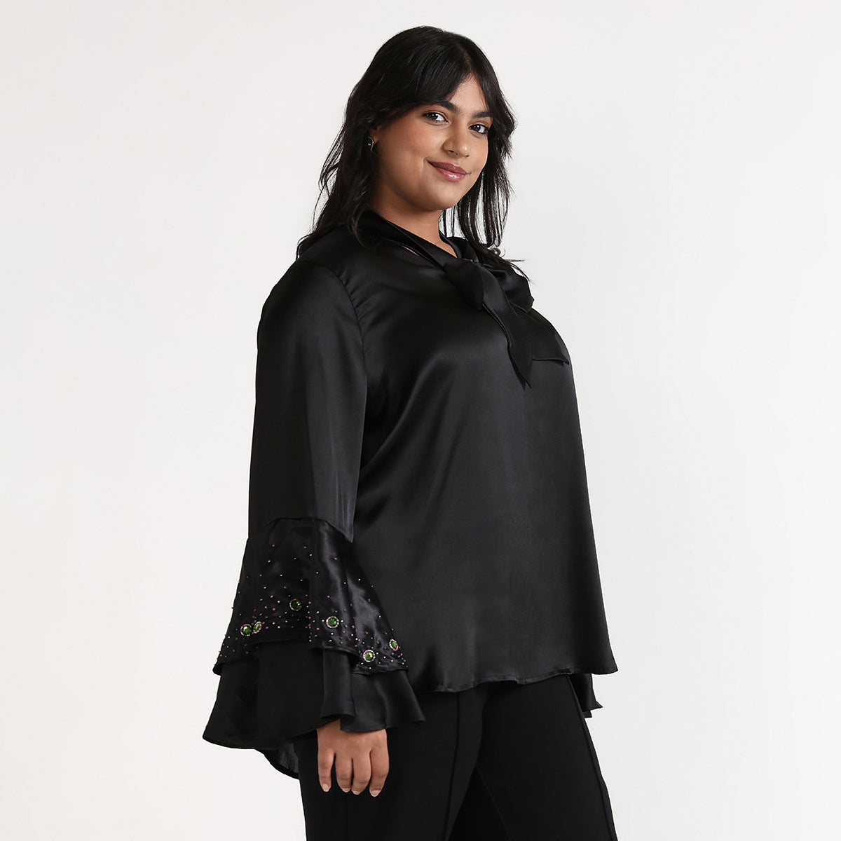 Plus Size – Black – Satin Blouse with Neck Tie-Up Detail and Beadwork  – by CALAE | Sizes Available L to 7XL