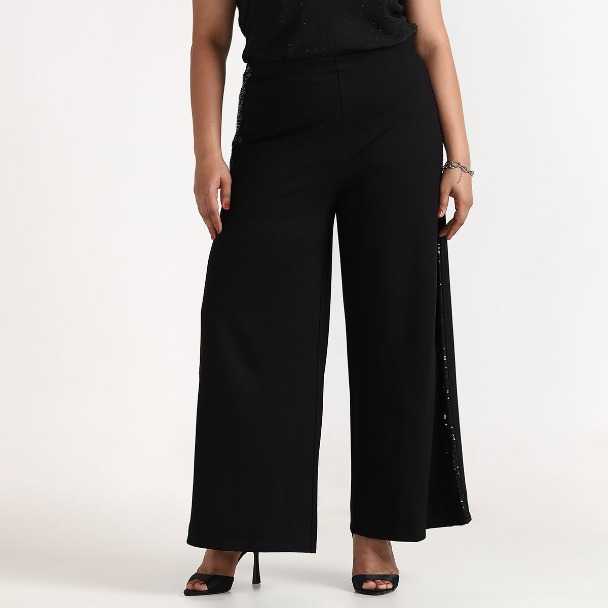 Plus Size Black 4-Way Stretch Wide Leg Pants with Sequined Side Panel by CALAE | Sizes Available L to 7XL