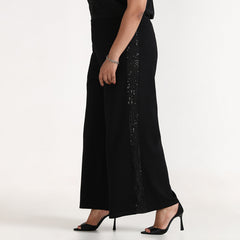 Plus Size Black 4-Way Stretch Wide Leg Pants with Sequined Side Panel by CALAE | Sizes Available L to 7XL
