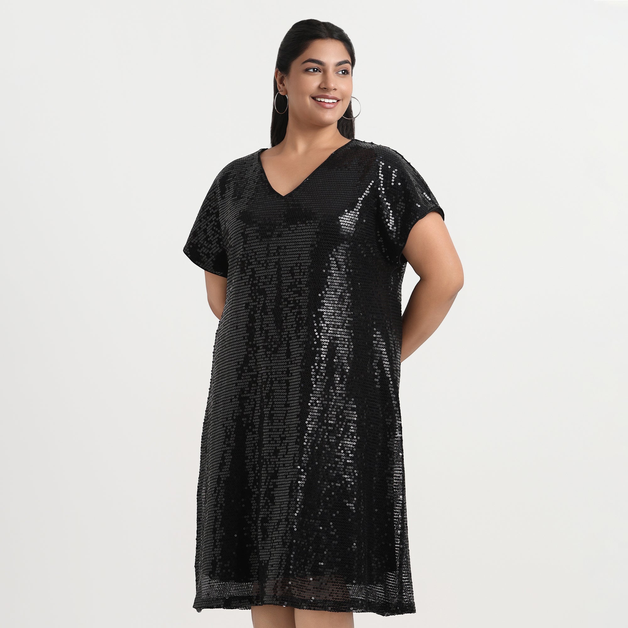 HOT Plus Size Shift Dress With V Neck Black Sequin V-Neck Plus