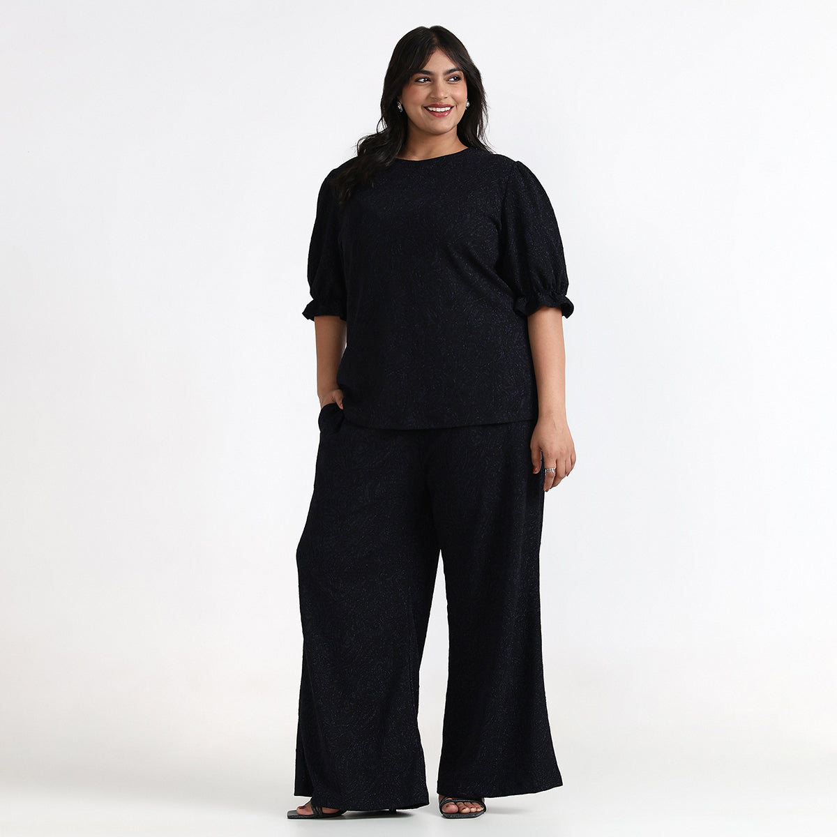 Plus Size – Black – Shimmer Knit Round Neck Top Wide Leg Pants Set – by CALAE Sizes Available L to 7XL
